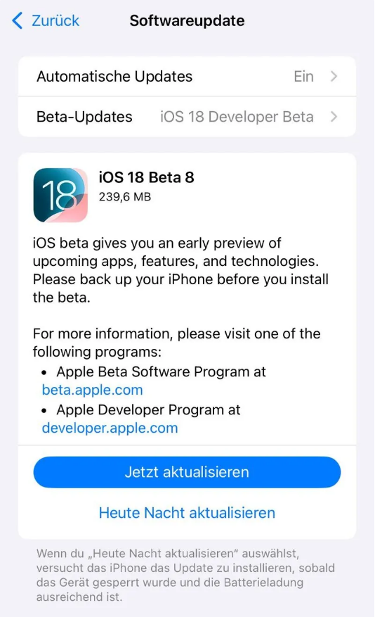 佳县苹果手机维修分享苹果 iOS / iPadOS 18 开发者预览版 Beta 8 发布 